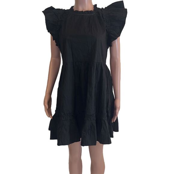 House Of Harlow 1960 Flutter Sleeve Mini Dress Womens M Black Cotton Smocked - Picture 1 of 16